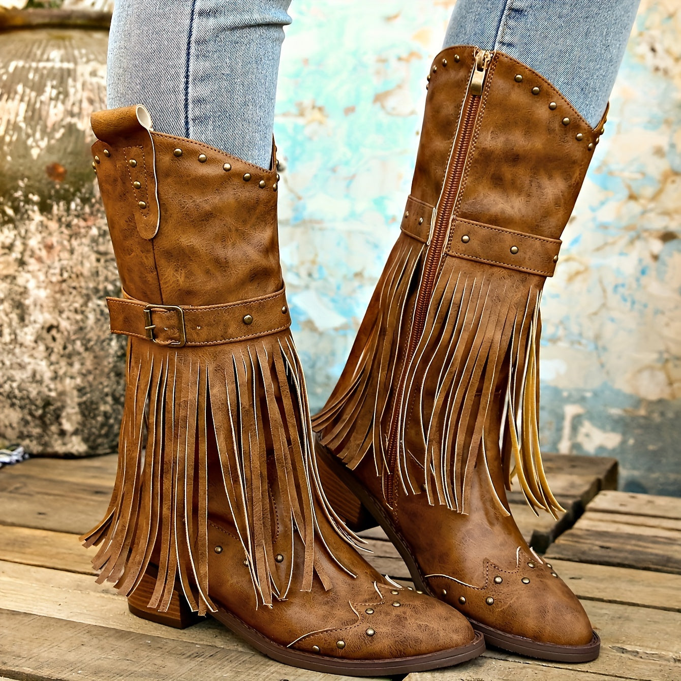 Zippered Elegance Fringe Western Boots